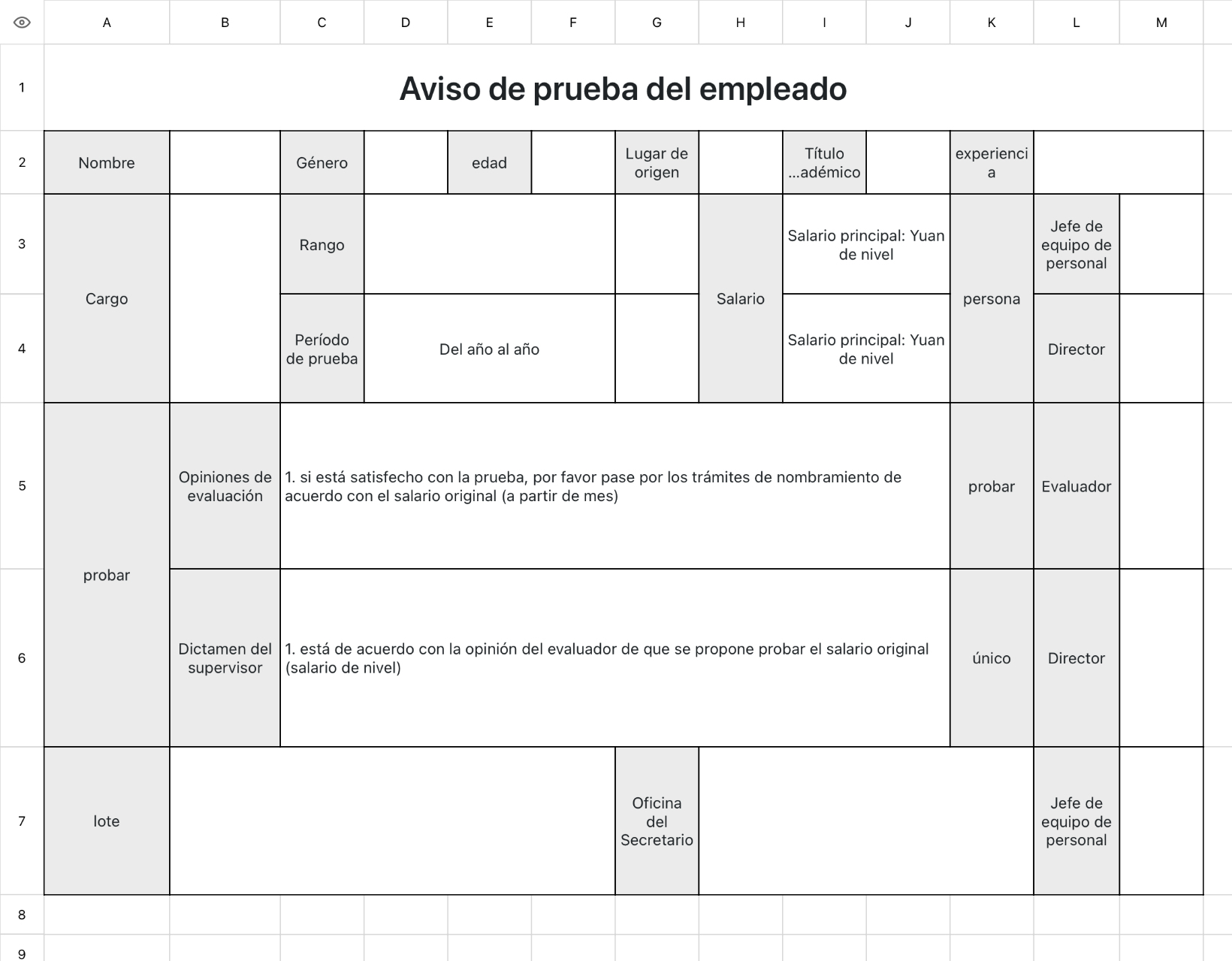 Aviso de prueba del empleado